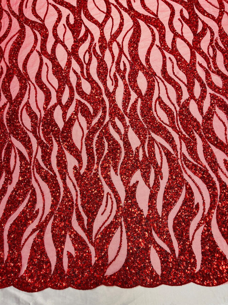 Fire Flames Pattern Bead Fabric - Embroidered Fire Pattern Bead Fabric Sold By Yard